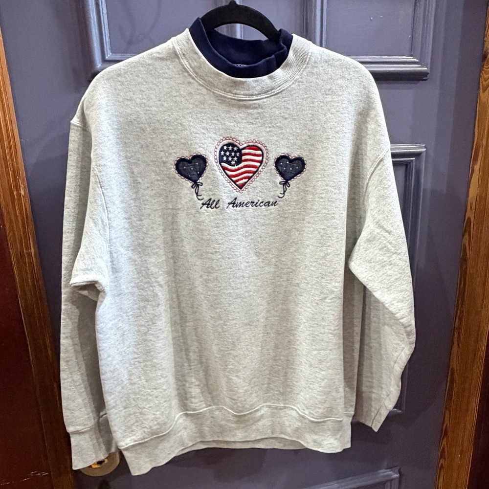 Vintage 90s American Heart Flag Sweatshirt Grandma Grey USA Cottage L L